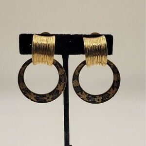 Vintage Givenchy Spanish Damascene Bird Flower Dangle Clip on earrings